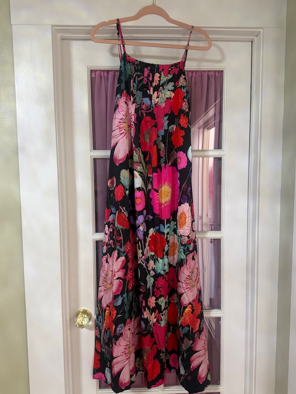 Satiny Black Floral Maxi Dress with Pink & Red Blooms